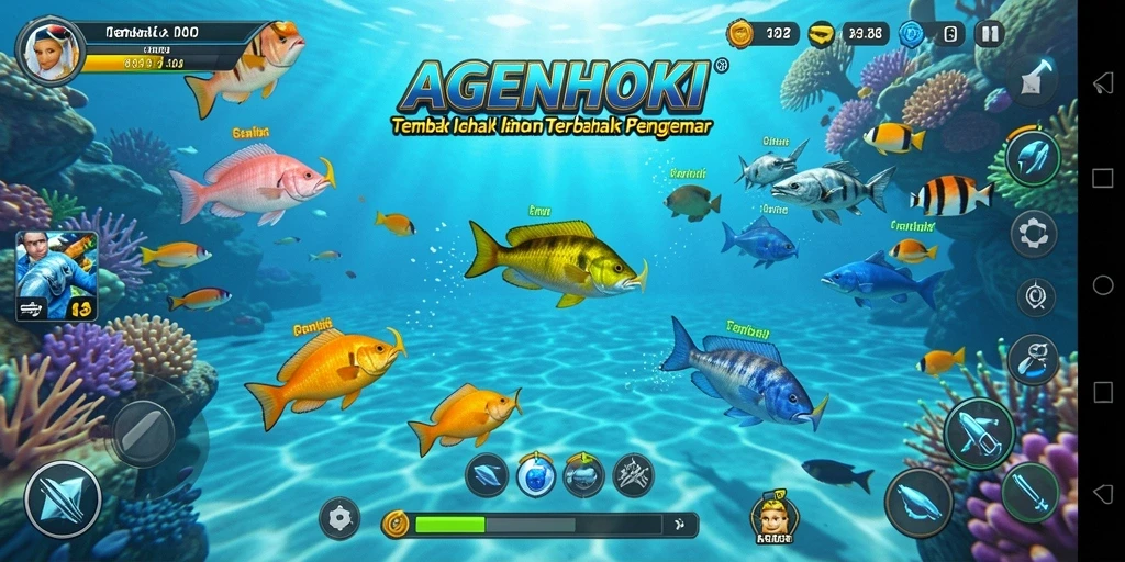 Screenshot gameplay AGENHOKI menampilkan aksi menembak ikan di lautan.