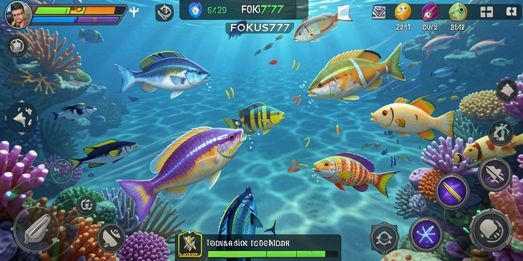 Tampilan gameplay seru dengan berbagai ikan untuk diburu.