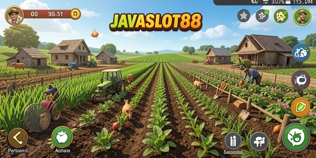 Tampilan gameplay seru di JAVASLOT88 yang menunjukkan aktivitas bertani.