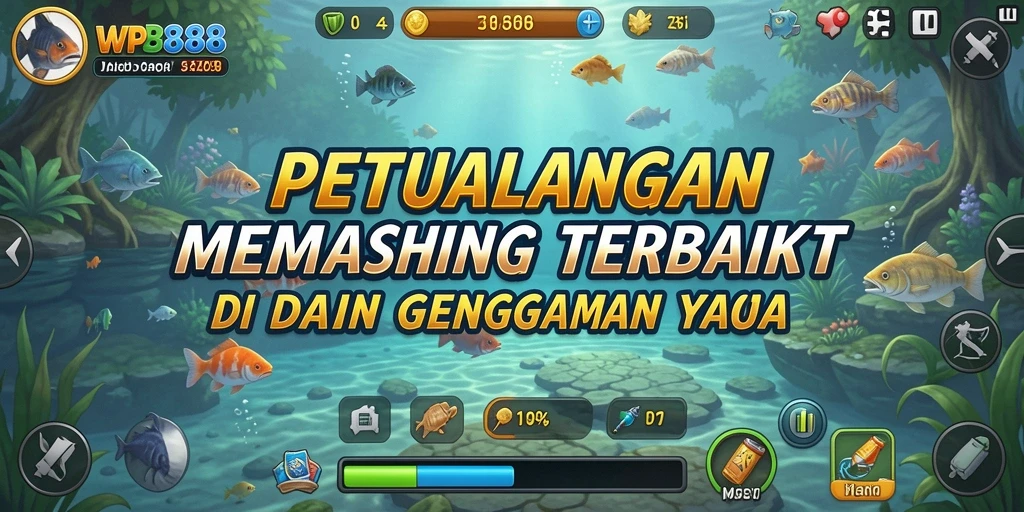 Screenshot WP888 menampilkan aksi memancing yang mendebarkan di danau yang indah.